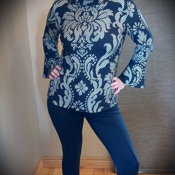 NWOT FRANK LYMAN LUX LACE over textured material back zippered fitted top SZ 10 - Picture 4 of 9